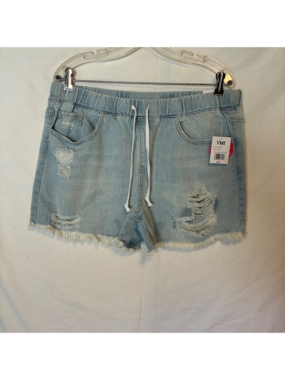 YMI Dream Fit NWT Light Wash Distressed Elastic Drawstring Denim Shorts Size L